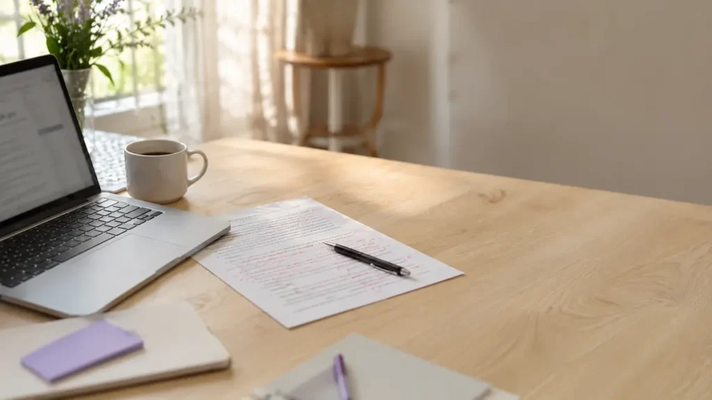 Bureau avec un ordinateur portable et une feuille imprimée couverte d'annotations rouges, illustrant les erreurs à corriger sur un site internet