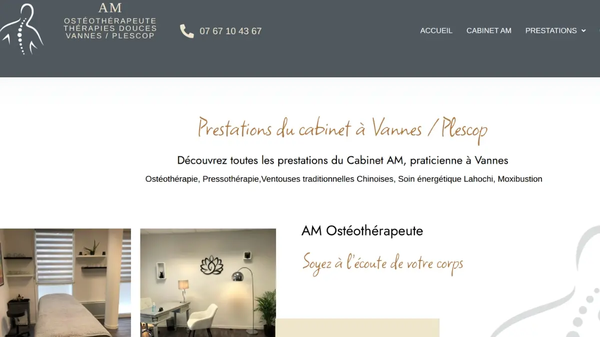 Page d'accueil du site d'AM Ostéothérapeute à Vannes, repris sous WordPress par KaLioWEB