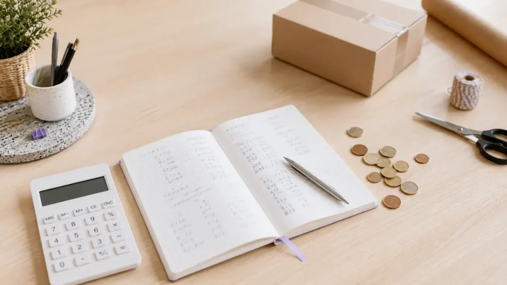 Calculatrice, carnet de comptes, pièces de monnaie et colis en carton sur un bureau, illustrant le budget d'un site e-commerce