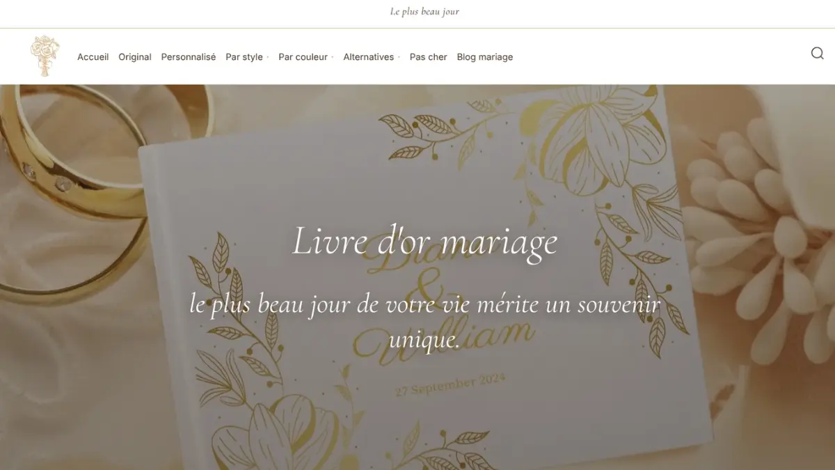 Page d'accueil de la boutique Le plus beau jour, livres d'or de mariage personnalisés, créée sous WooCommerce par KaLioWEB