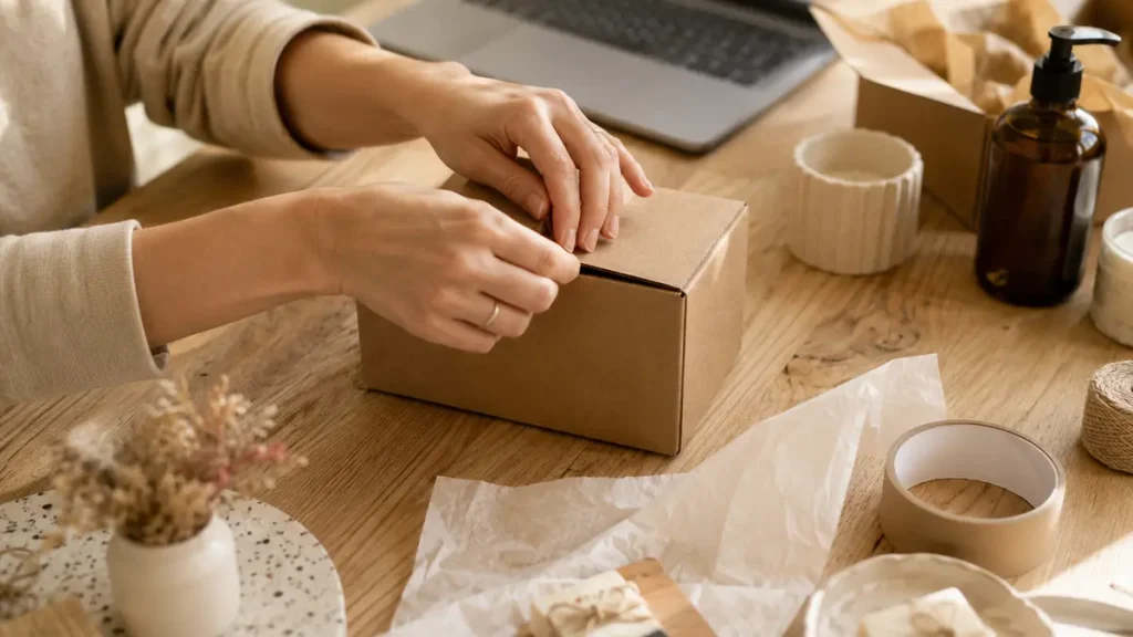 Mains fermant un colis en carton devant un ordinateur portable, illustrant la gestion d'une boutique WooCommerce