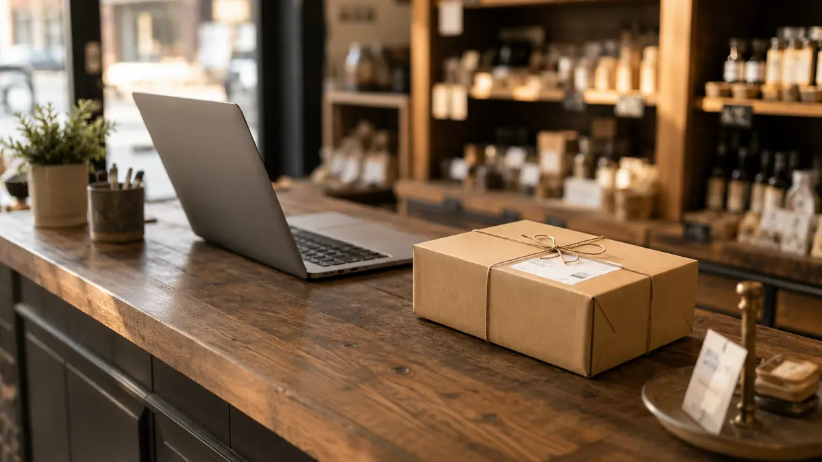Comptoir d'une petite boutique avec un ordinateur portable et un colis prêt à expédier, illustrant le choix entre site vitrine et site e-commerce