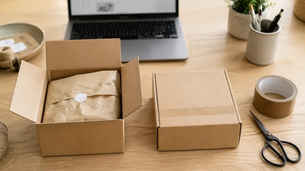 Deux colis en carton côte à côte, l'un ouvert et l'autre fermé, illustrant la comparaison entre WooCommerce et Shopify