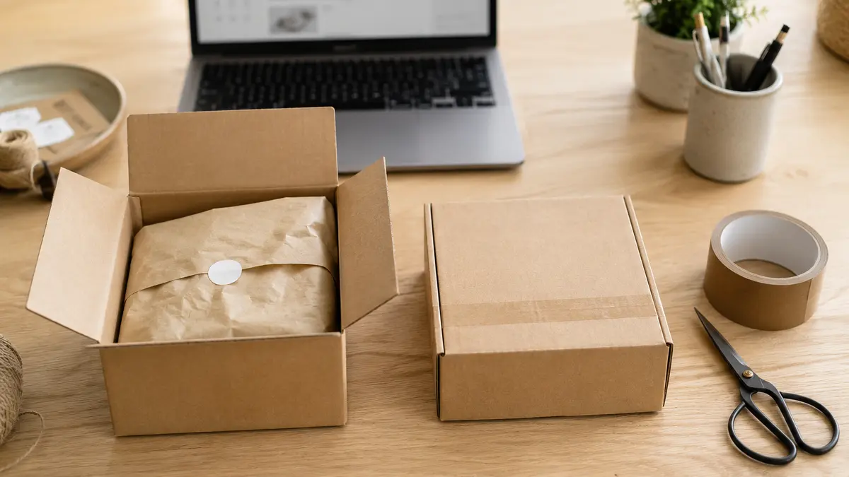 Deux colis en carton côte à côte, l'un ouvert et l'autre fermé, illustrant la comparaison entre WooCommerce et Shopify